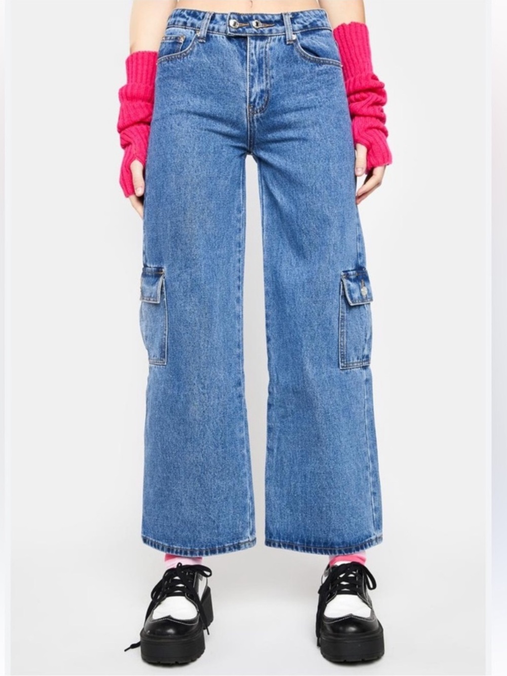 Edikted Blue Wide Leg Cargo Jeans Size XS